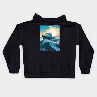 Motorboat Slicing Through The Waves Of A Vibrant Blue Ocean Kids Hoodie